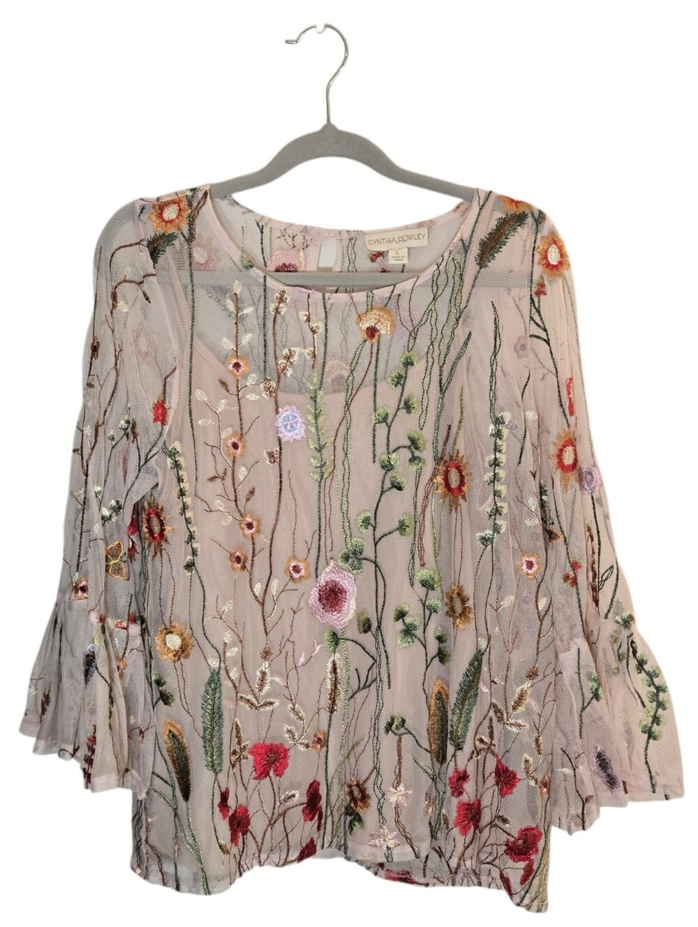 Cynthia Rowley Pink Sheer Embroidered Floral Bell Sleeves Romantic Fairycore Top